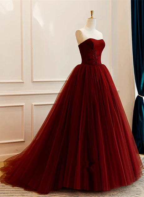 Elegant A Line Sweetheart Wine Red Embroidery Tulle Long Prom Dresses,Evening Dresses GG223