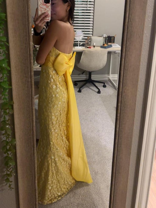 Gorgeous Mermaid Strapless Yellow Satin Sequin With Bow Long Prom Dress,Party Dress,Evening Dress GG2253