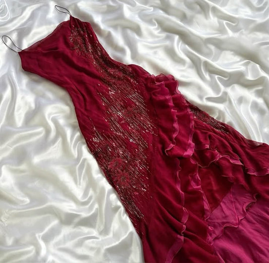 Sexy Mermaid Spaghetti Straps Burgundy Chiffon Sequin Ruffles Long Prom Dress,Party Dress,Evening Dress GG2257
