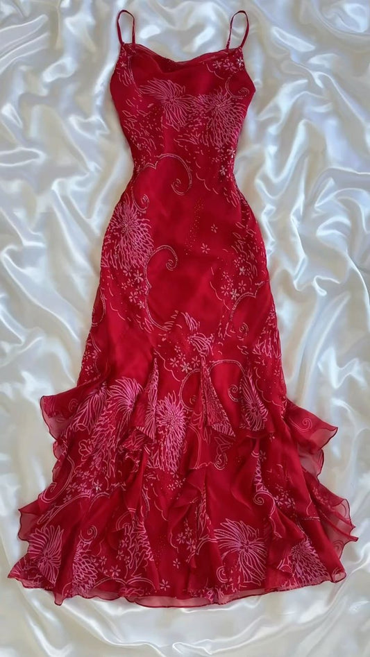 Stunning Mermaid Spaghetti Straps Red Chiffon Ruffles Long Prom Dress,Party Dress,Evening Dress GG2258
