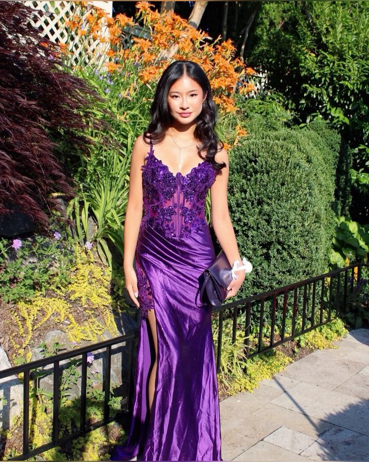 Classy Mermaid Spaghetti Straps Purple Satin Applique Slit Long Prom Dress,Party Dress,Evening Dress GG2276
