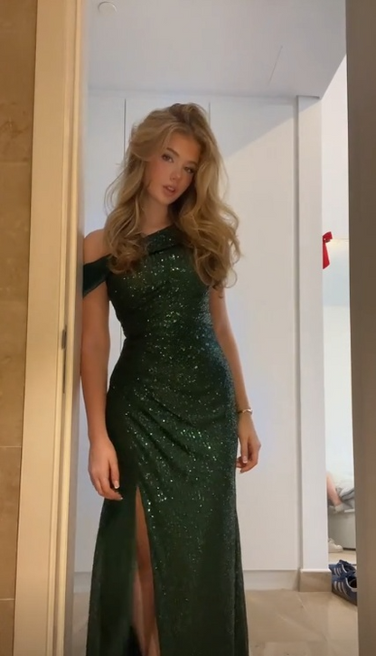 Glitter Mermaid One Shoulder Dark Green Tulle Sequin Slit Long Prom Dress,Party Dress,Evening Dress GG2278