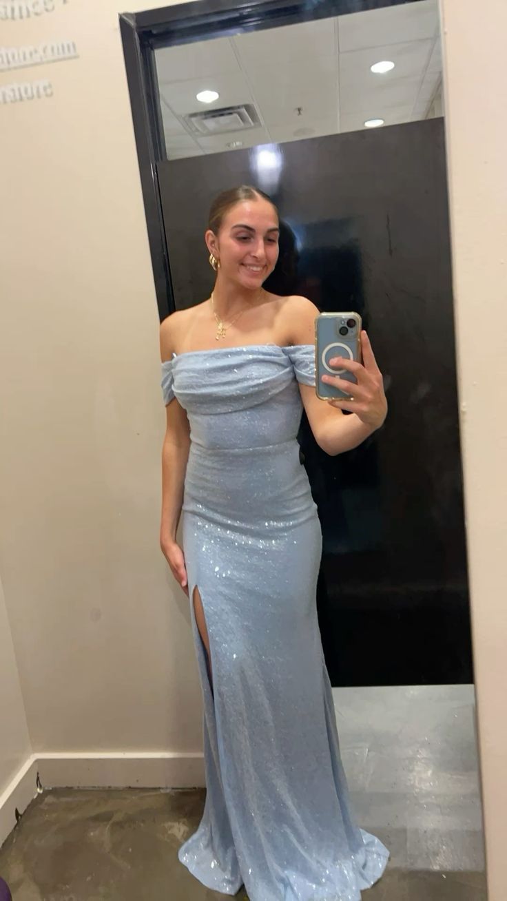 Classy Mermaid Off The Shoulder Pale Blue Satin Sequin Slit Long Prom Dress,Party Dress,Evening Dress GG2279