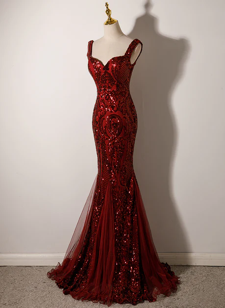 Exquisite Mermaid Wine Red Sweetheart Sequins Long Prom Dress, Evening Dress GG227
