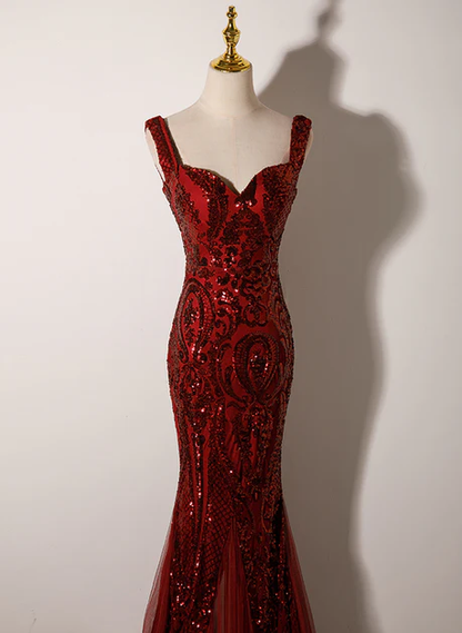 Exquisite Mermaid Wine Red Sweetheart Sequins Long Prom Dress, Evening Dress GG227