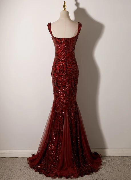 Exquisite Mermaid Wine Red Sweetheart Sequins Long Prom Dress, Evening Dress GG227