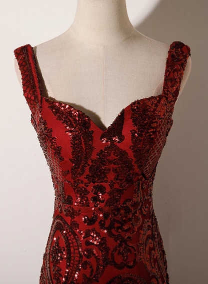 Exquisite Mermaid Wine Red Sweetheart Sequins Long Prom Dress, Evening Dress GG227