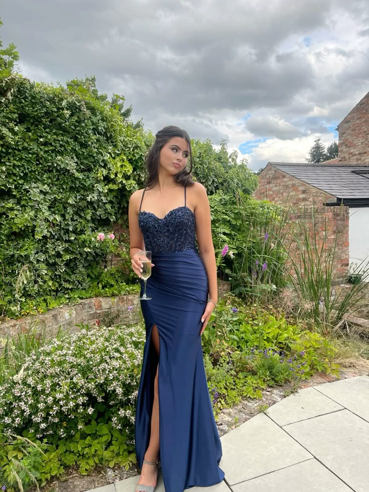 Elegant Mermaid Spaghetti Straps Navy Satin Pleated Slit Long Prom Dress,Party Dress,Evening Dress GG2280