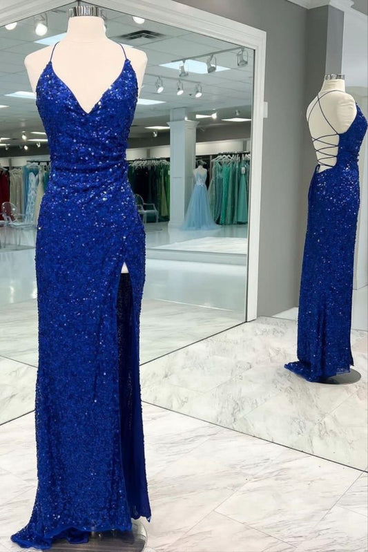 Charming Mermaid Halter Straps Royal Blue Satin Sequin Slit Long Prom Dress,Party Dress,Evening Dress GG2281