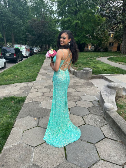 Senior Mermaid Spaghetti Straps Satin Sequin Slit Long Prom Dress,Party Dress,Evening Dress GG2283