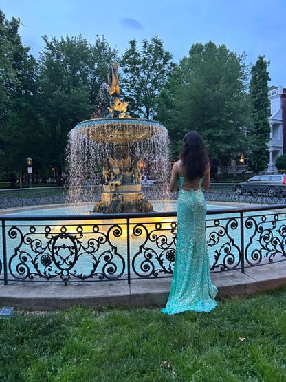 Senior Mermaid Spaghetti Straps Satin Sequin Slit Long Prom Dress,Party Dress,Evening Dress GG2283