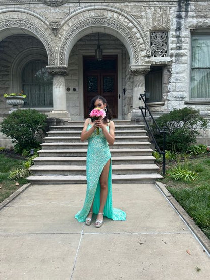 Senior Mermaid Spaghetti Straps Satin Sequin Slit Long Prom Dress,Party Dress,Evening Dress GG2283