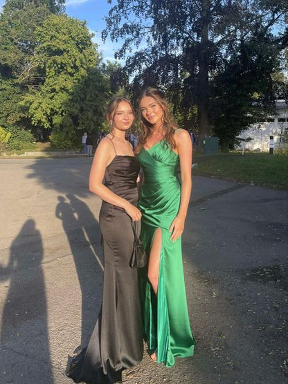 Classy Mermaid Spaghetti Straps Green Satin Pleated Slit Long Prom Dress,Party Dress,Evening Dress GG2288