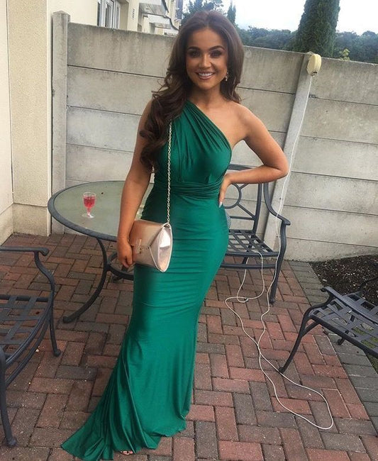 Elegant Mermaid One Shoulder Dark Green Satin Long Prom Dress,Party Dress,Evening Dress GG2289