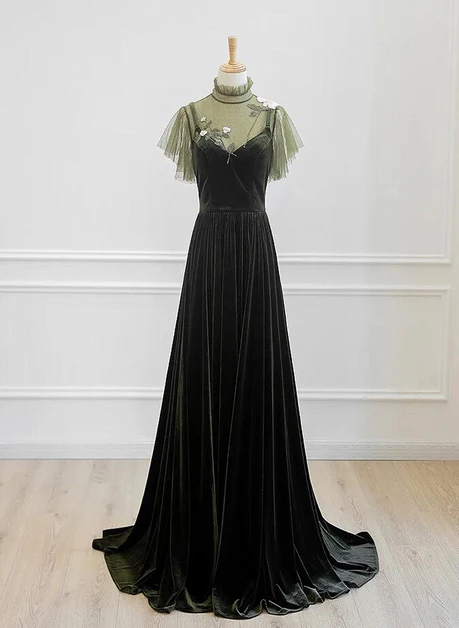 Pretty A Line High Neckline Green Velvet Long Prom Dress, Evening Dress GG228