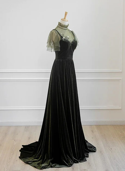 Pretty A Line High Neckline Green Velvet Long Prom Dress, Evening Dress GG228