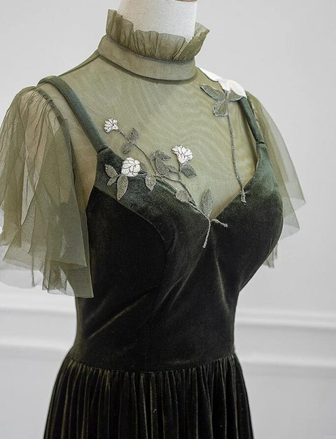 Pretty A Line High Neckline Green Velvet Long Prom Dress, Evening Dress GG228