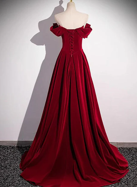 Pretty A Line Wine Red Off The Shoulder Beaded Velvet Long Prom Dress, Evening Dress GG229