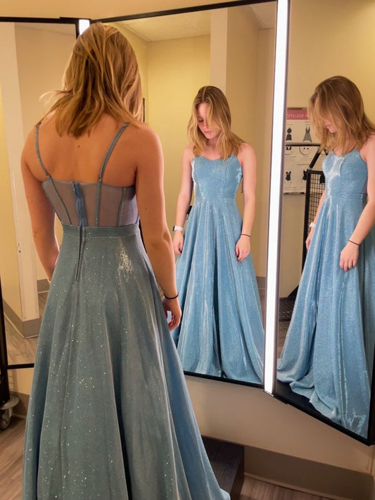 Glitter A Line Spaghetti Straps Satin Sequin Long Prom Dress,Party Dress,Evening Dress GG2301