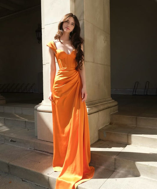 Classy Mermaid Sweetheart Orange Satin Pleated Long Prom Dress,Party Dress,Evening Dress GG2302