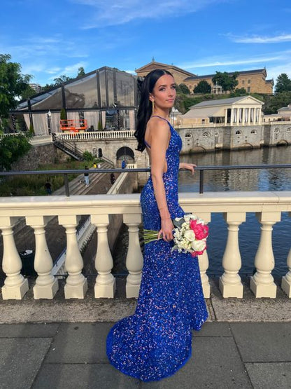 Senior Mermaid Halter Straps Royal Blue Satin Sequin Beaded Long Prom Dress,Party Dress,Evening Dress GG2304