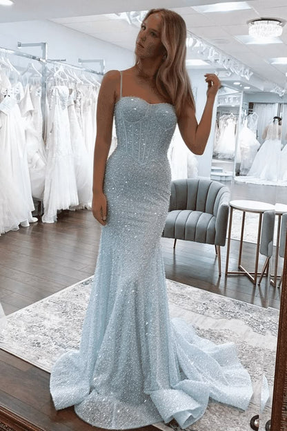 Gorgeous Mermaid Spaghetti Straps Satin Sequin Long Prom Dress,Party Dress,Evening Dress GG2305