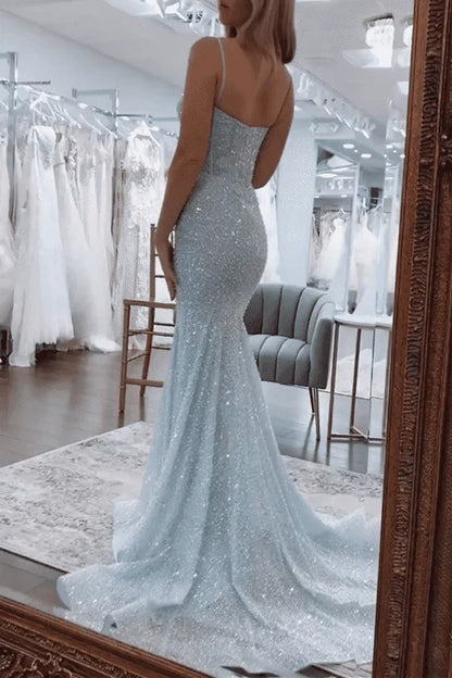 Gorgeous Mermaid Spaghetti Straps Satin Sequin Long Prom Dress,Party Dress,Evening Dress GG2305