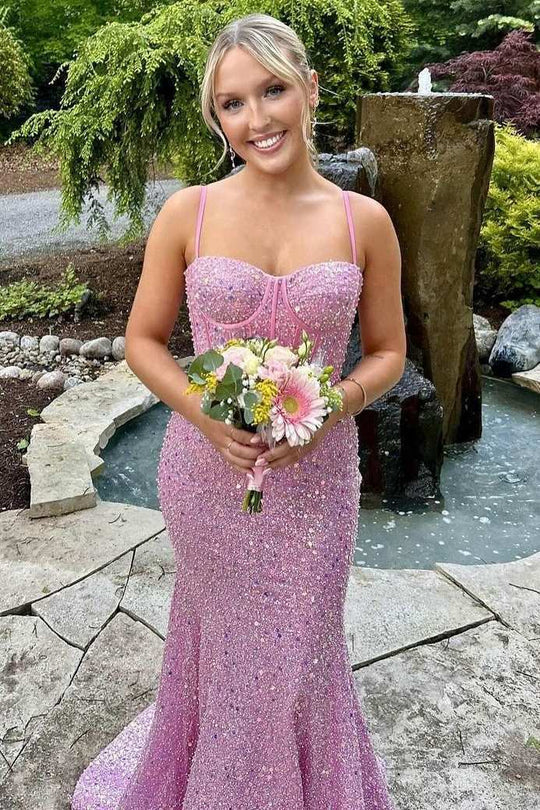 Gorgeous Mermaid Spaghetti Straps Satin Sequin Long Prom Dress,Party Dress,Evening Dress GG2305