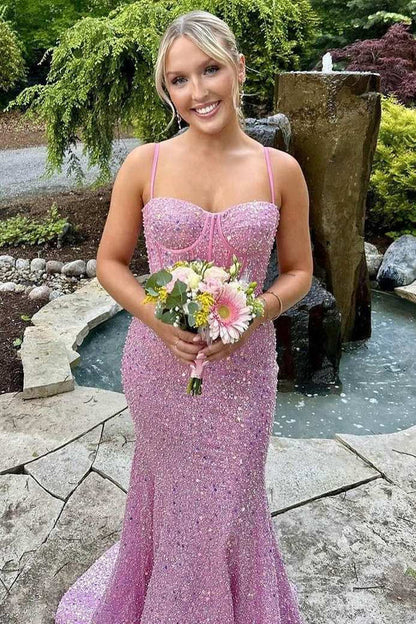 Gorgeous Mermaid Spaghetti Straps Satin Sequin Long Prom Dress,Party Dress,Evening Dress GG2305