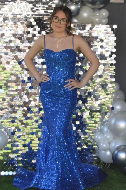 Gorgeous Mermaid Spaghetti Straps Satin Sequin Long Prom Dress,Party Dress,Evening Dress GG2305