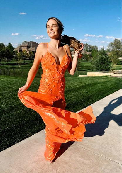 Glitter Mermaid Spaghetti Straps Orange Sequin Slit Backless Long Prom Dress,Party Dress,Evening Dress GG2306