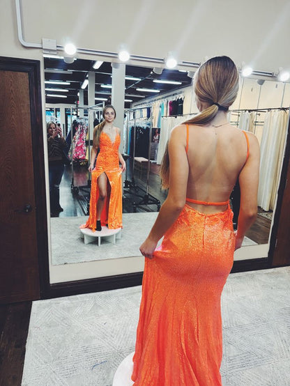 Glitter Mermaid Spaghetti Straps Orange Sequin Slit Backless Long Prom Dress,Party Dress,Evening Dress GG2306