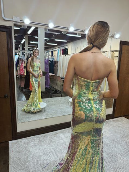 Gorgeous Mermaid Spaghetti Straps Sequin Slit Long Prom Dress,Party Dress,Evening Dress GG2307