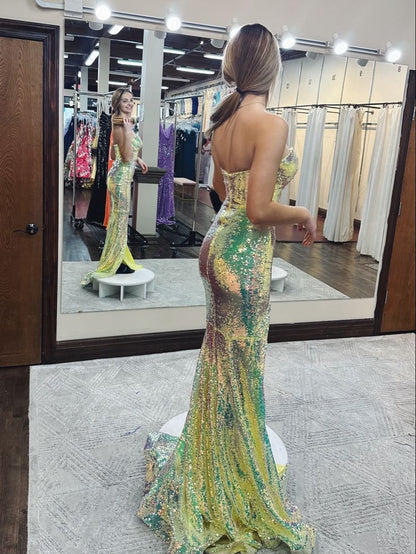 Gorgeous Mermaid Spaghetti Straps Sequin Slit Long Prom Dress,Party Dress,Evening Dress GG2307