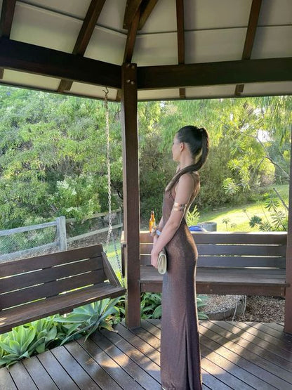 Stunning Mermaid Spaghetti Straps Brown Satin Sequin Long Prom Dress,Party Dress,Evening Dress GG2316