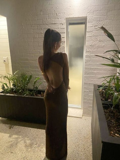 Stunning Mermaid Spaghetti Straps Brown Satin Sequin Long Prom Dress,Party Dress,Evening Dress GG2316