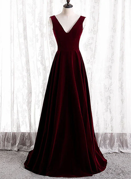 Elegant  A Line V Neckline Wine Red Velvet Simple Long Prom Dresses,Evening Dress  GG231
