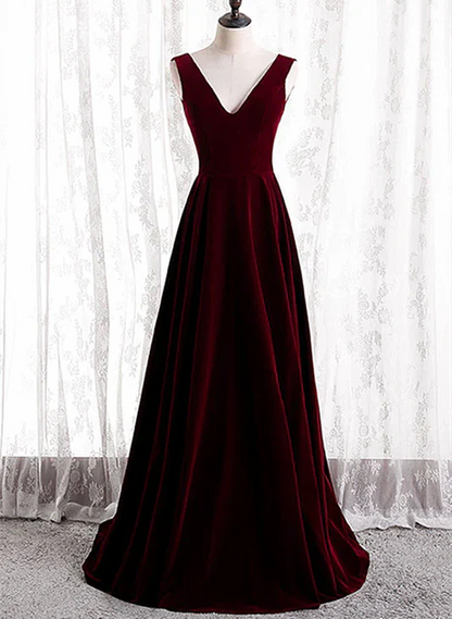 Elegant  A Line V Neckline Wine Red Velvet Simple Long Prom Dresses,Evening Dress  GG231