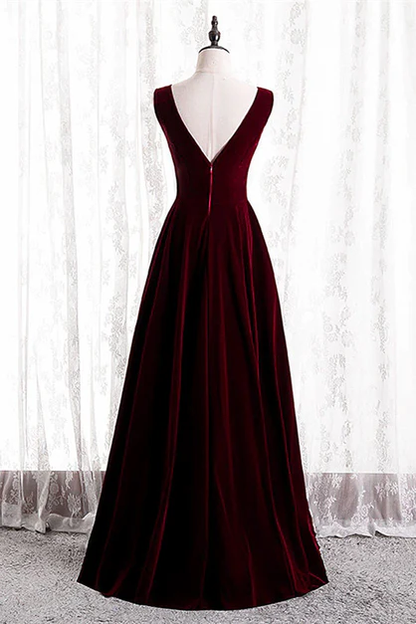 Elegant  A Line V Neckline Wine Red Velvet Simple Long Prom Dresses,Evening Dress  GG231