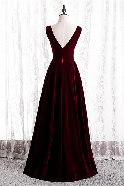 Elegant  A Line V Neckline Wine Red Velvet Simple Long Prom Dresses,Evening Dress  GG231