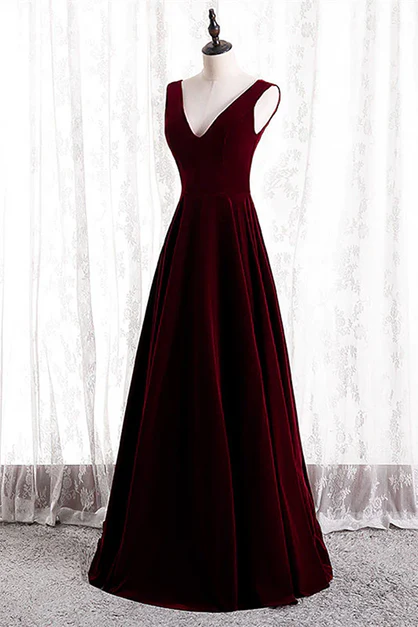 Elegant  A Line V Neckline Wine Red Velvet Simple Long Prom Dresses,Evening Dress  GG231
