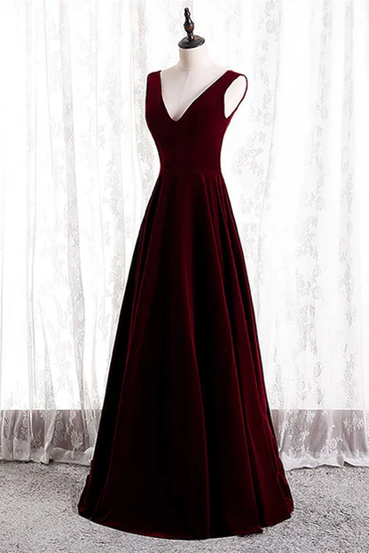 Elegant  A Line V Neckline Wine Red Velvet Simple Long Prom Dresses,Evening Dress  GG231