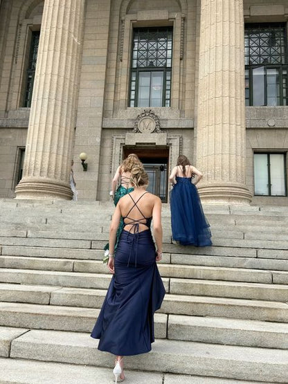 Elegant Mermaid Spaghetti Straps Navy Satin Slit Long Prom Dress,Party Dress,Evening Dress GG2322