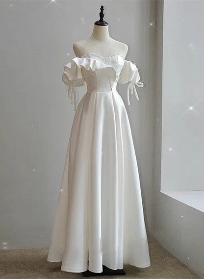 Elegant A Line White Satin Off The Shoulder Beaded Sweetheart  Long Prom Dresses,Evening Dress  GG232