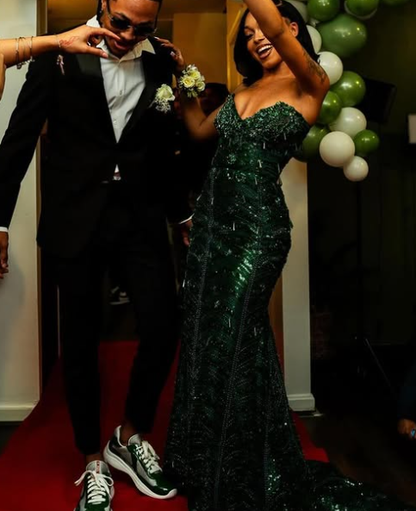 Gorgeous Strapless Dark Green Satin Sequin Beaded Long Prom Dress,Party Dress,Evening Dress GG2330