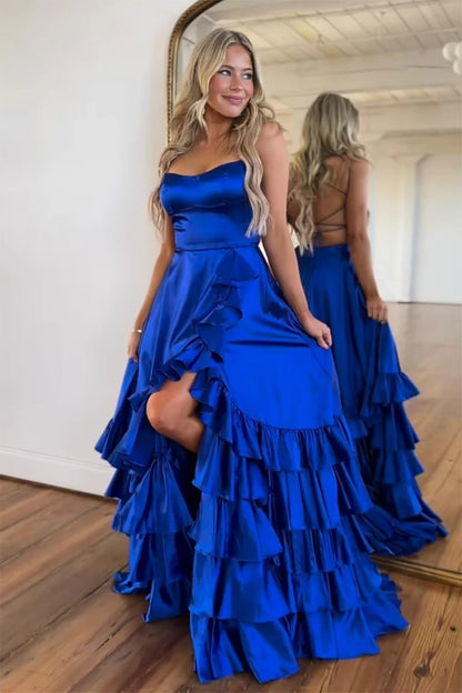 Classy A Line Spaghetti Straps Royal Blue Satin Ruffles Slit Long Prom Dress,Party Dress,Evening Dress GG2332