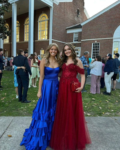 Classy A Line Spaghetti Straps Royal Blue Satin Ruffles Slit Long Prom Dress,Party Dress,Evening Dress GG2332