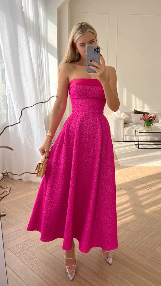 Classy A Line Strapless Hat Pink Satin Printing Long Prom Dress,Party Dress,Evening Dress GG2335
