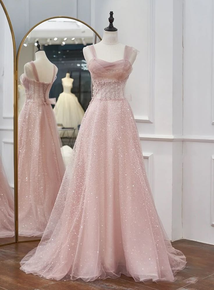 Cute A Line Square Light Pink Tulle Sequin Long Prom Dress,Party Dress,Evening Dress GG2340