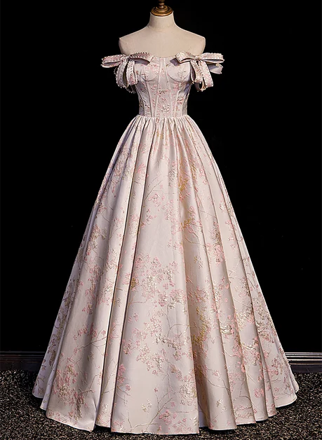 Exquisite A Line Off The Shoulder Pink Sweetheart Statin Applique Floral Long Prom Dress, Evening Dress GG234